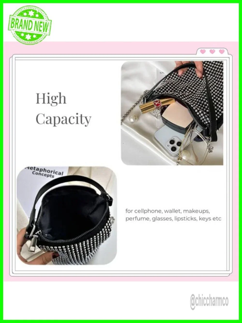 Rhinestone Rivets Bling Bucket Hobo Bag Chic Evening Purse Clutch Crossbody